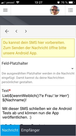 SMS wird im Browser vorbereitet